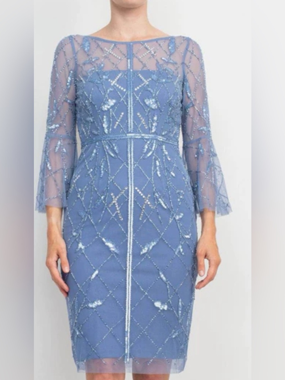 Adrianna Papell Dusty Blue Beaded Long Sleeve Sheath Dress